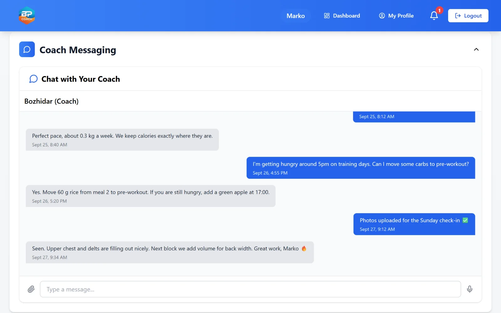 BP Coach client dashboard on desktop: a chat with Bozhidar about calories, carbs and check-in photos