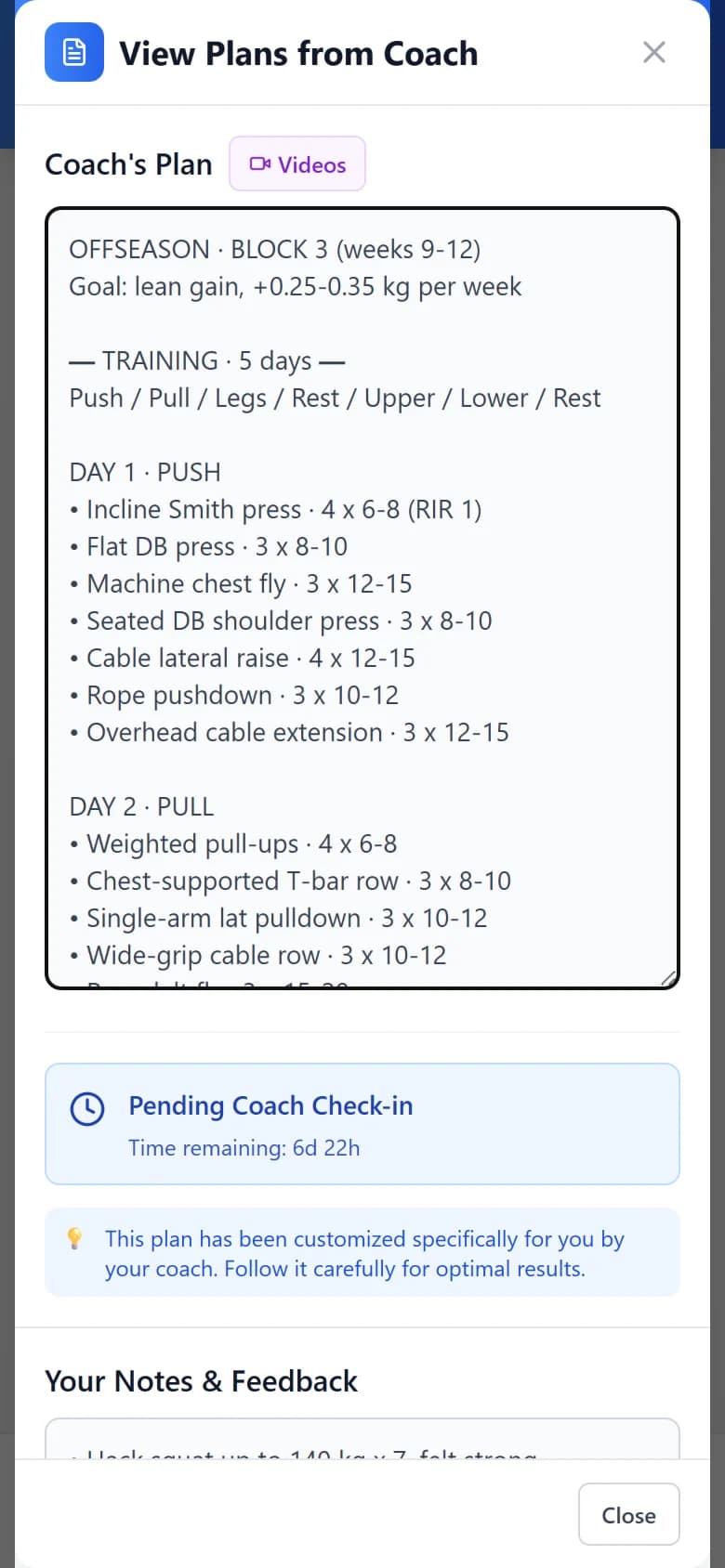 BP Coach app on a phone: the coach's offseason training plan, day by day with sets and reps